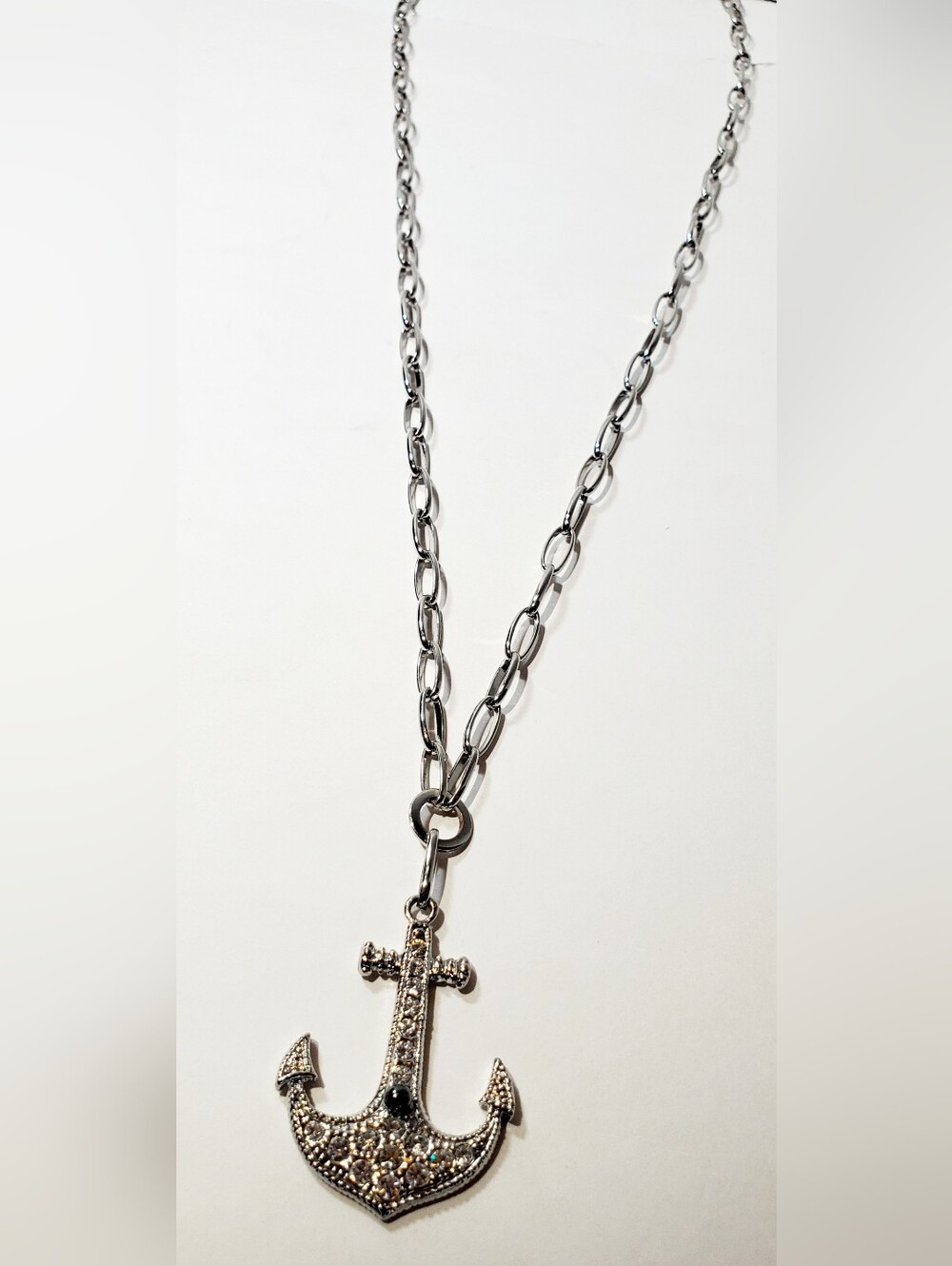 Rhinestone Anchor Pendant Necklace - Silver Chain